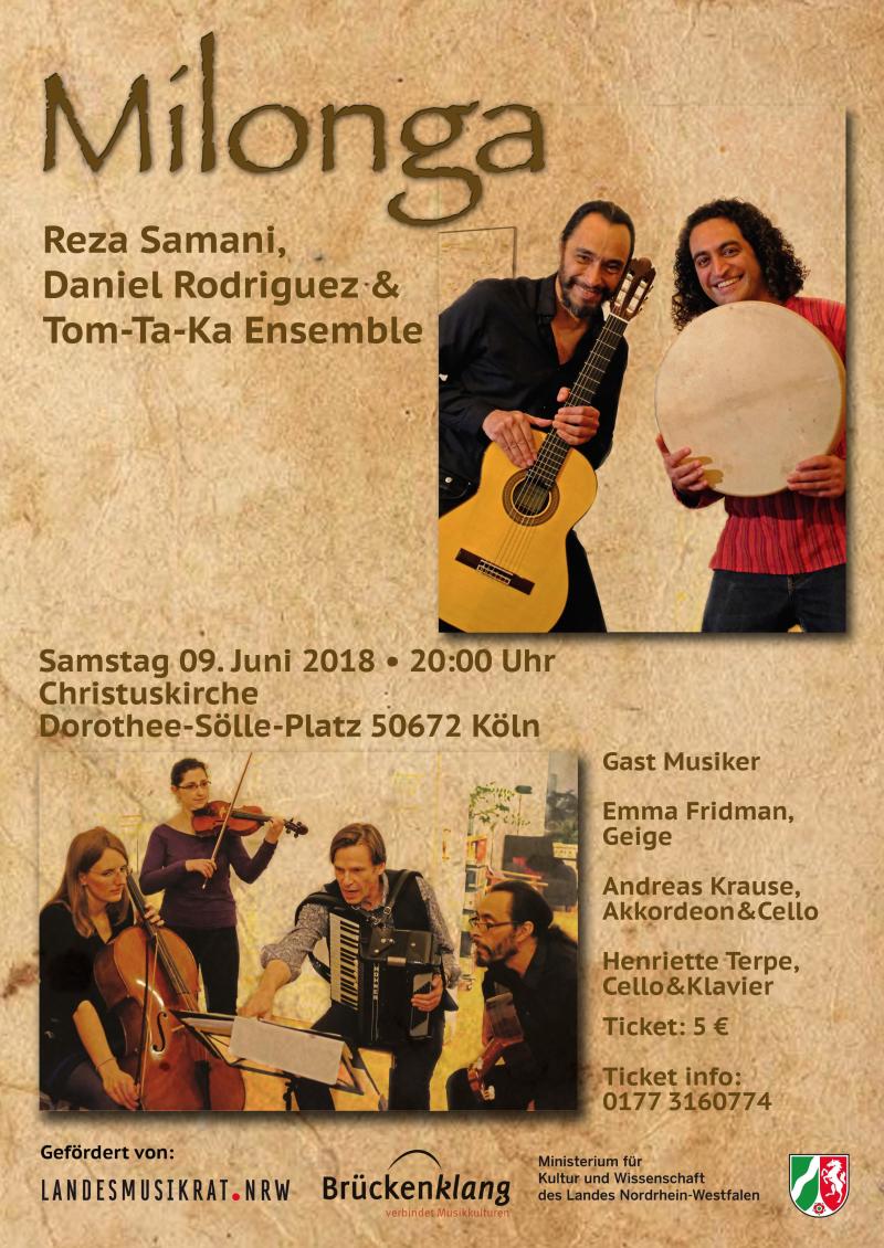 Reza Samani, Perkussion Daniel Rodriguez, Gitarre&Gesang und das Tom-Ta-Ka-Ensemble (Perkussionsschüler von Reza Samani) spielen zusammen mit Emma Fridman (Geige), Andreas Krause (Akkordeon&Cello) und Henriette Terpe (Cello&Klavier) ein abwechselungsr Reza Samani, Perkussion Daniel Rodriguez, Gitarre&Gesang und das Tom-Ta-Ka-Ensemble (Perkussionsschüler von Reza Samani) spielen zusammen mit Emma Fridman (Geige), Andreas Krause (Akkordeon&Cello) und Henriette Terpe (Cello&Klavier) ein abwechselungsr